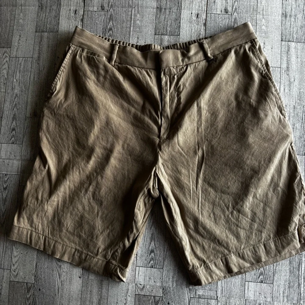 Ted‎ Baker Men’s Sz 36 Chino Linen Cotton Blend Tan Flat Front Shorts 9”